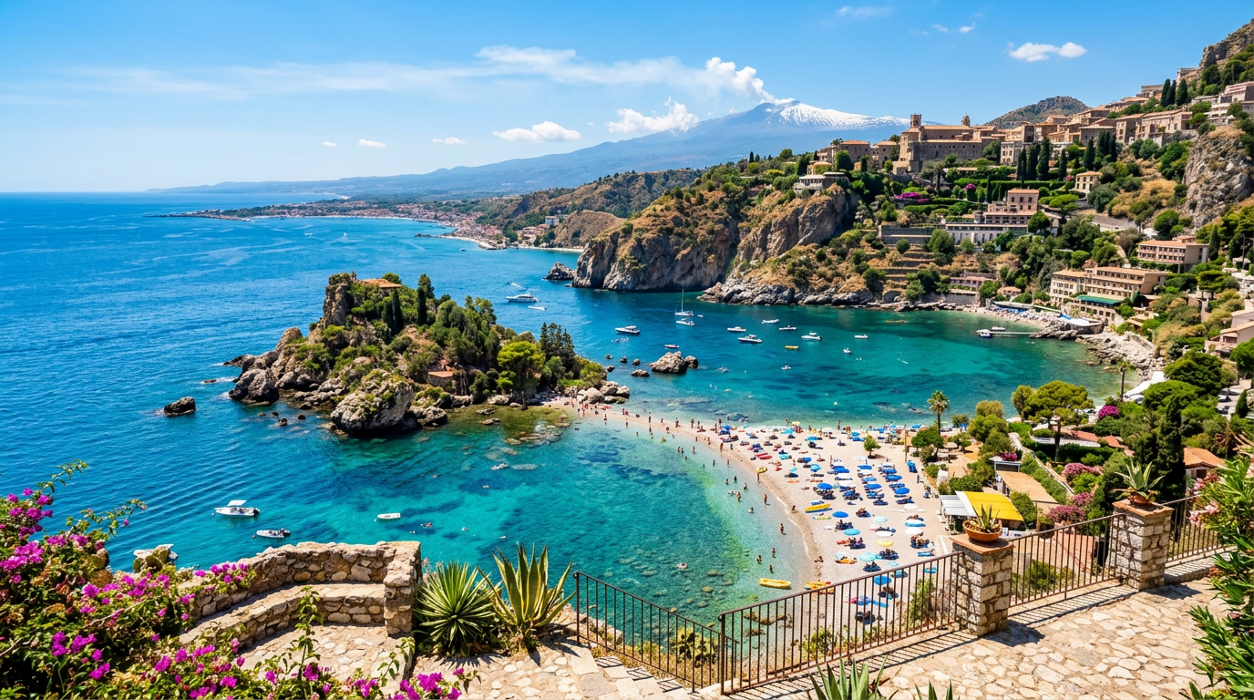 Coastal Mediterranean town with rocky cliffs, turquoise sea, beach with umbrellas, and boats on water