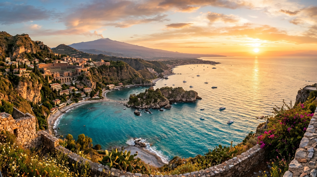 Sunset view of Taormina coastline with Mount Etna volcano, sea, and boats